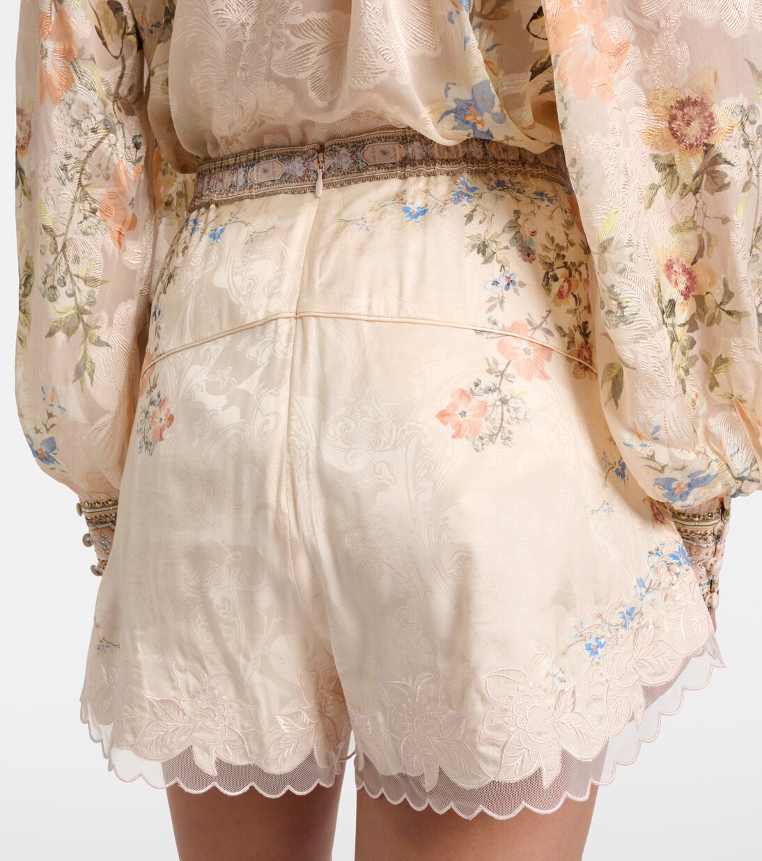 Embellished floral lace-trimmed high-rise shorts | Camilla
