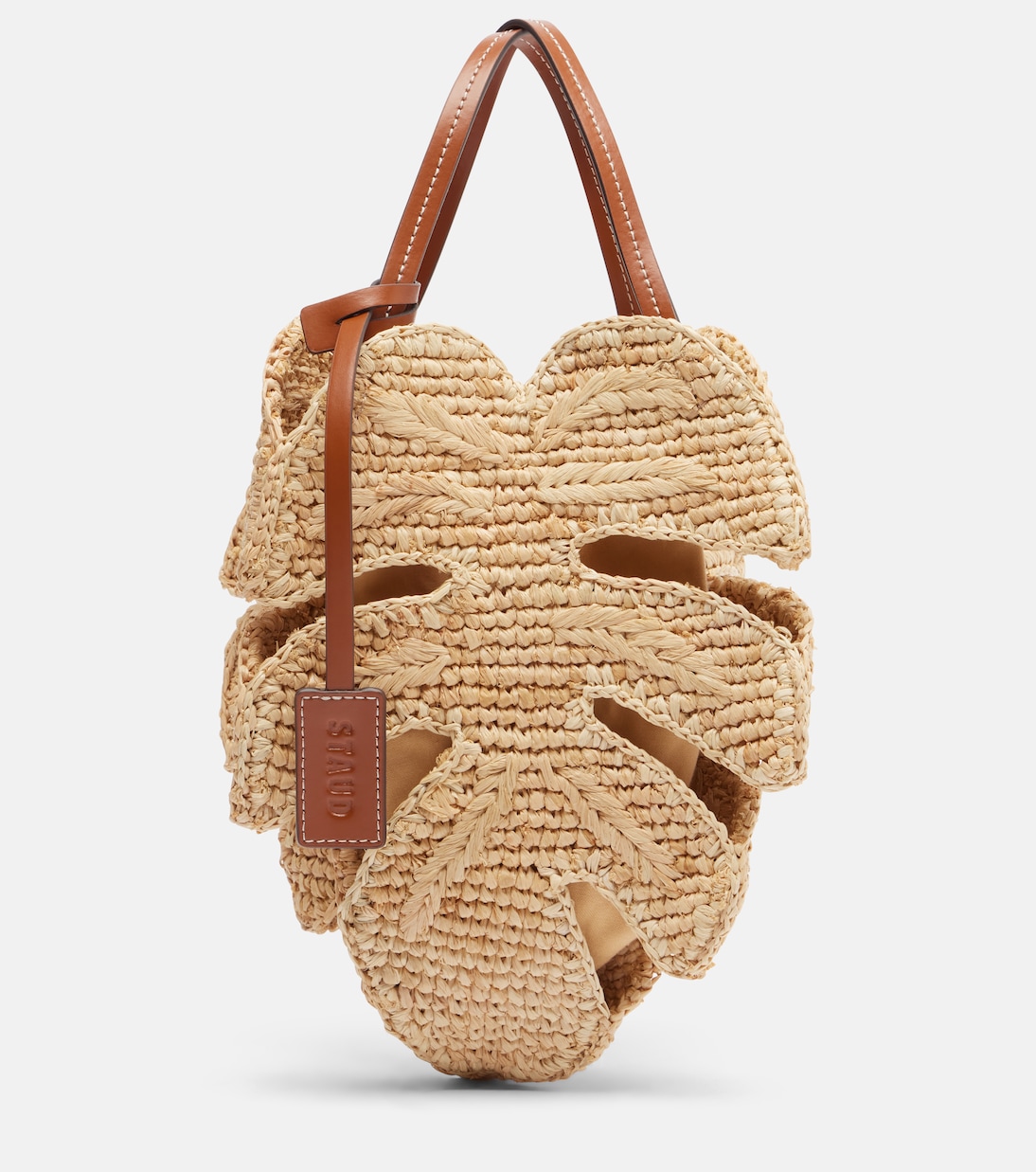 Palm leather-trimmed raffia top-handle bag | Staud