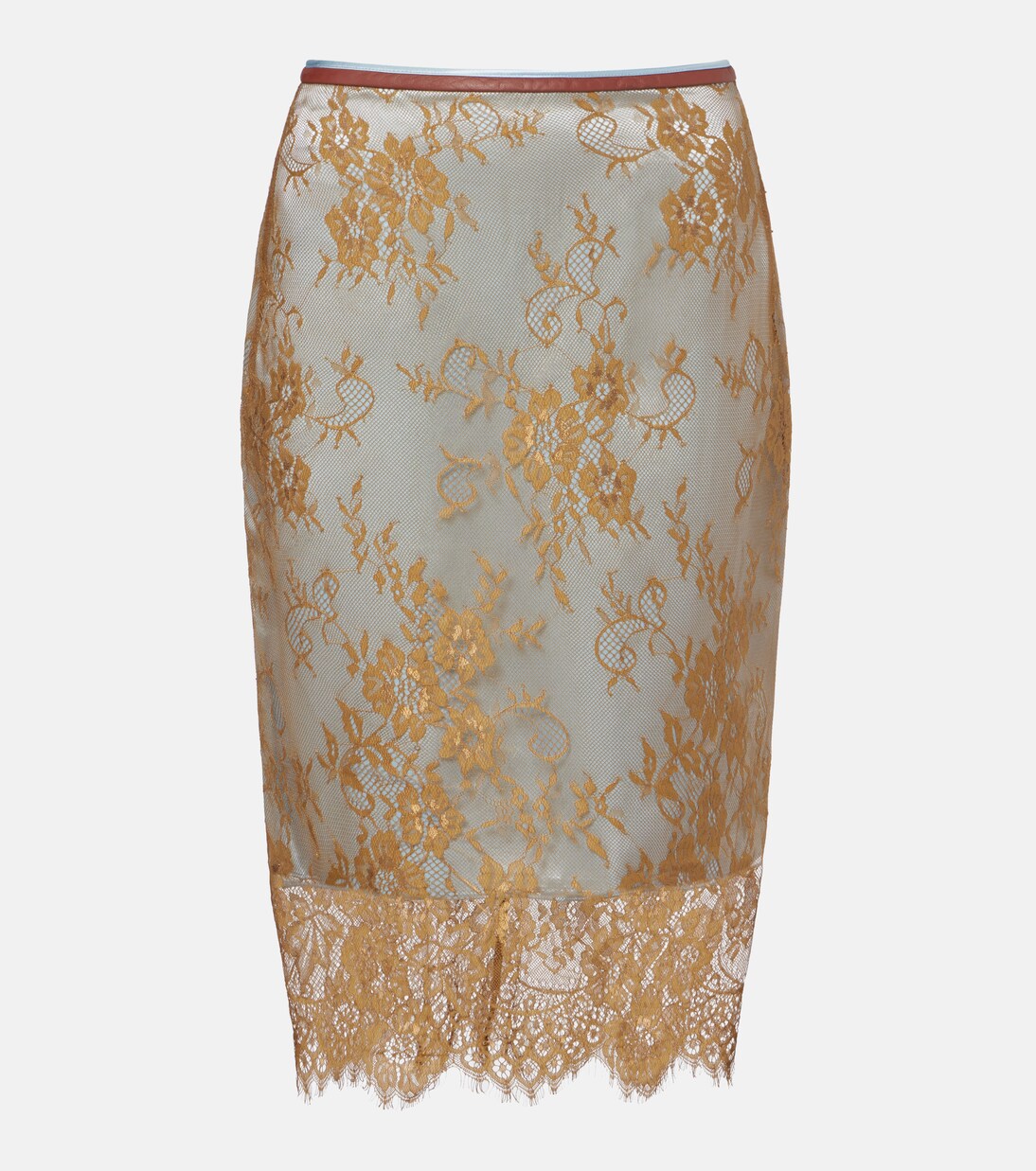 Embroidered leather-trimmed lace midi skirt | Jacques Wei