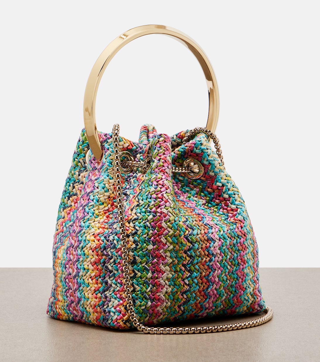 Bon Bon Small raffia-effect bucket bag | Jimmy Choo