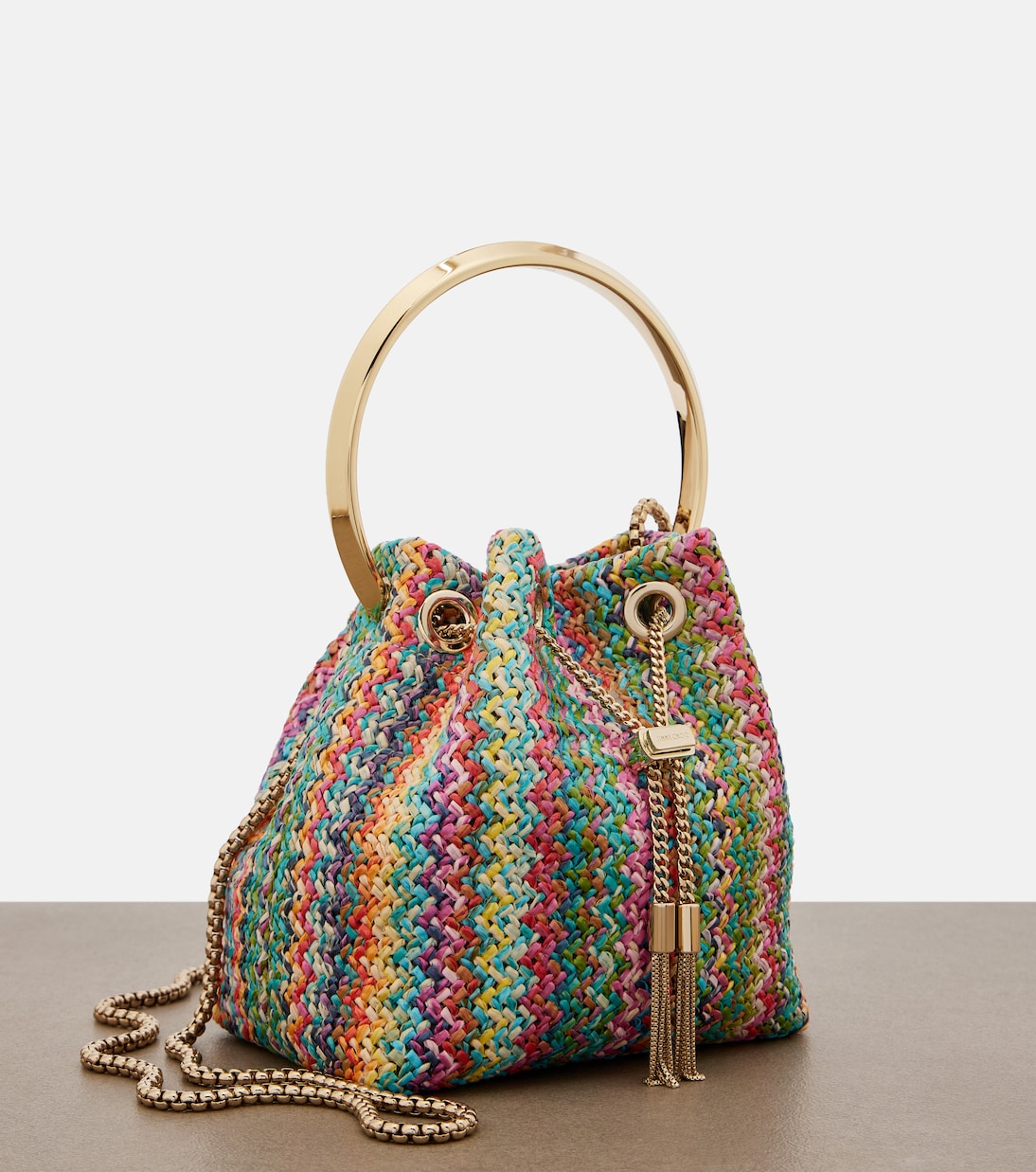 Bon Bon Small raffia-effect bucket bag | Jimmy Choo