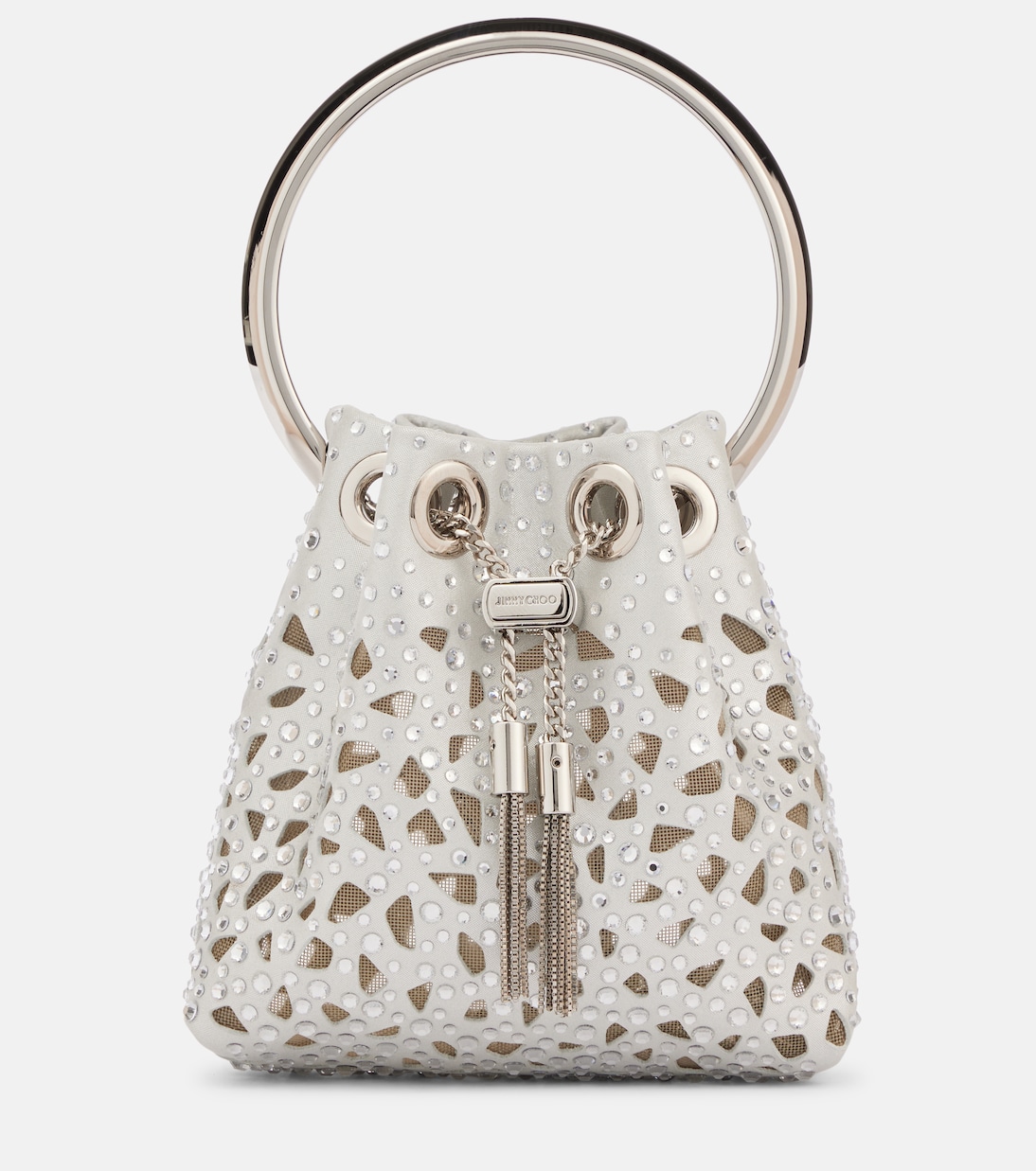 Bon Bon Micro laser-cut satin bucket bag | Jimmy Choo