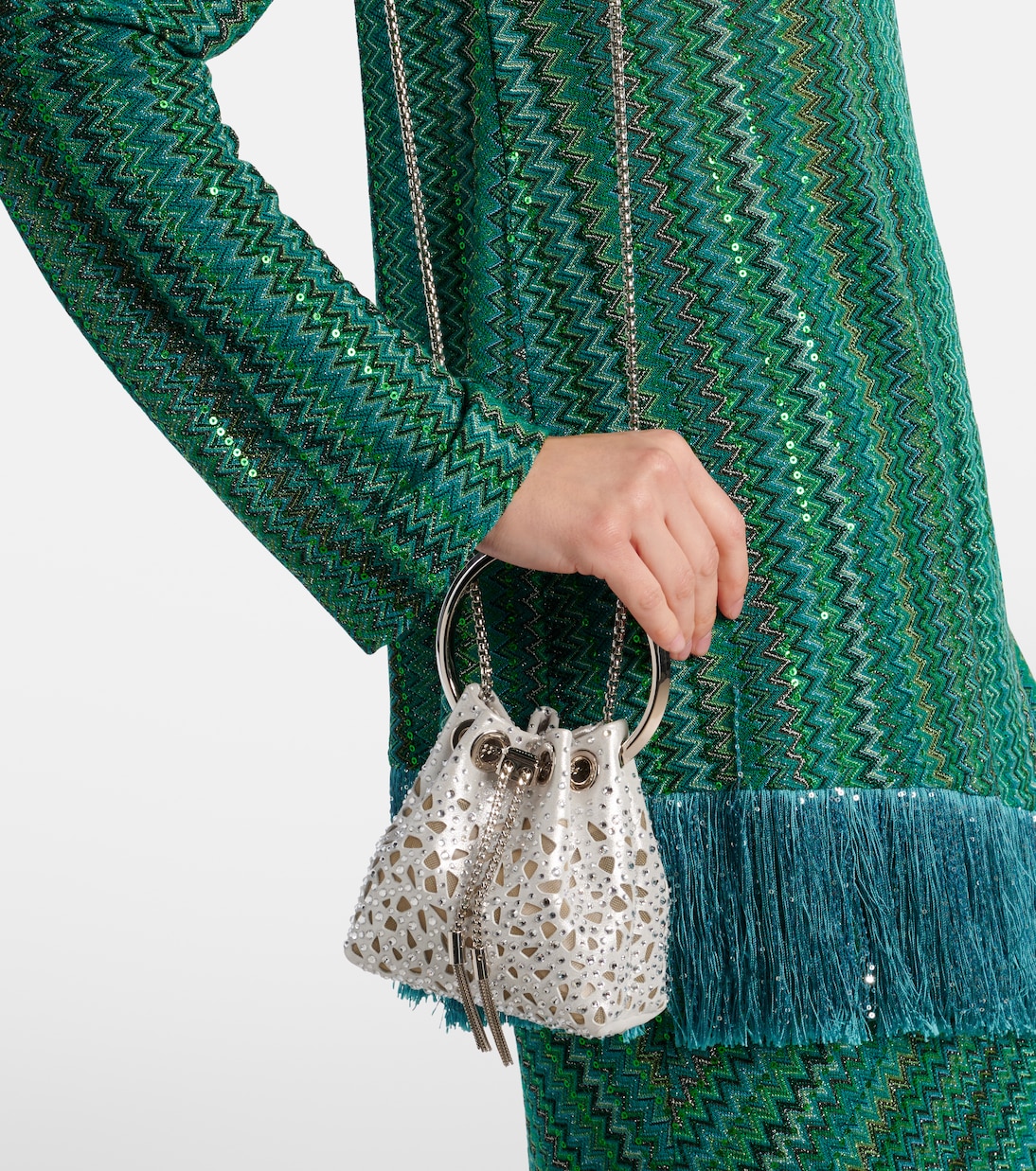 Bon Bon Micro laser-cut satin bucket bag | Jimmy Choo