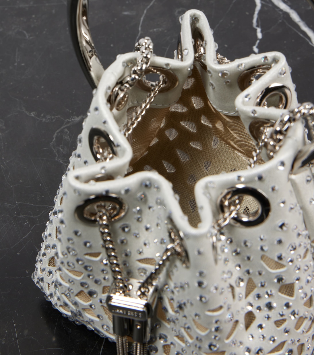 Bon Bon Micro laser-cut satin bucket bag | Jimmy Choo
