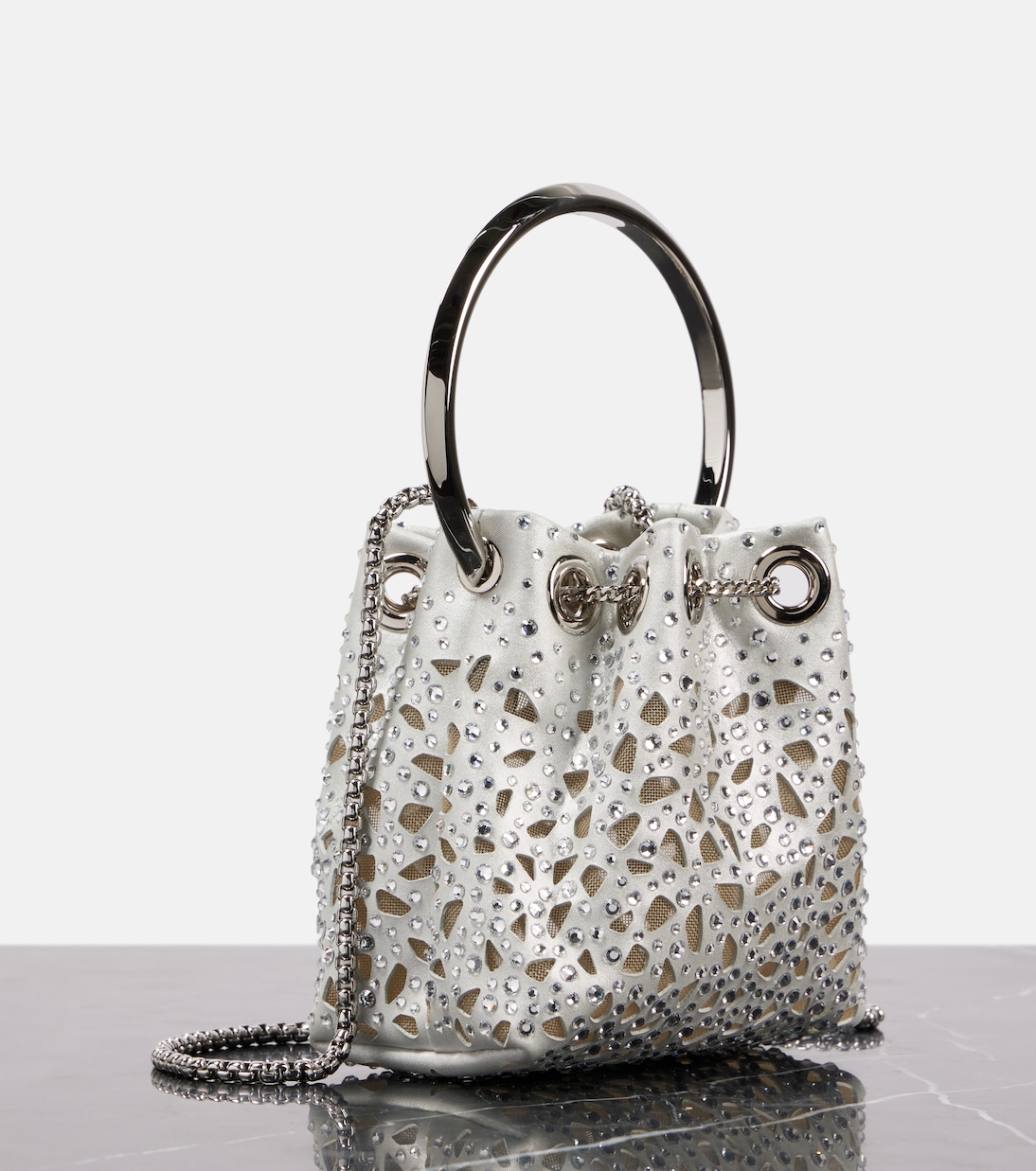 Bon Bon Micro laser-cut satin bucket bag | Jimmy Choo