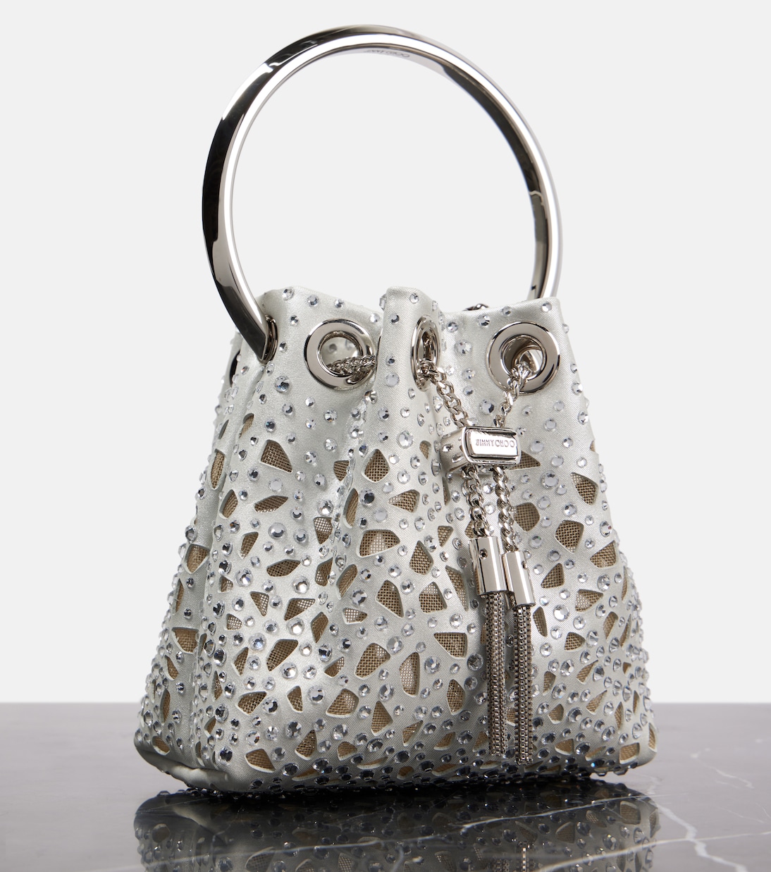 Bon Bon Micro laser-cut satin bucket bag | Jimmy Choo