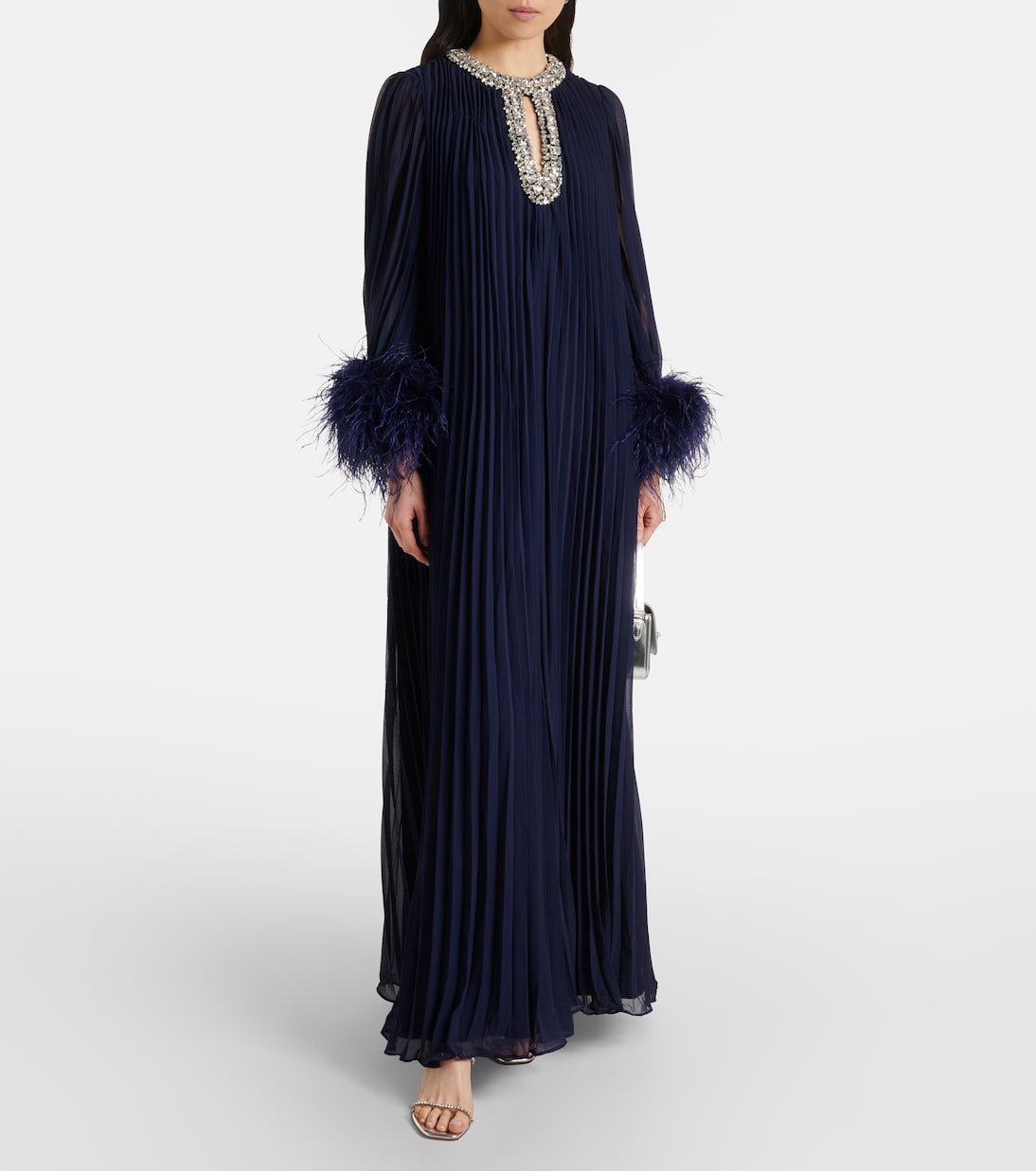Plissé feather-trimmed chiffon maxi dress | Self-Portrait
