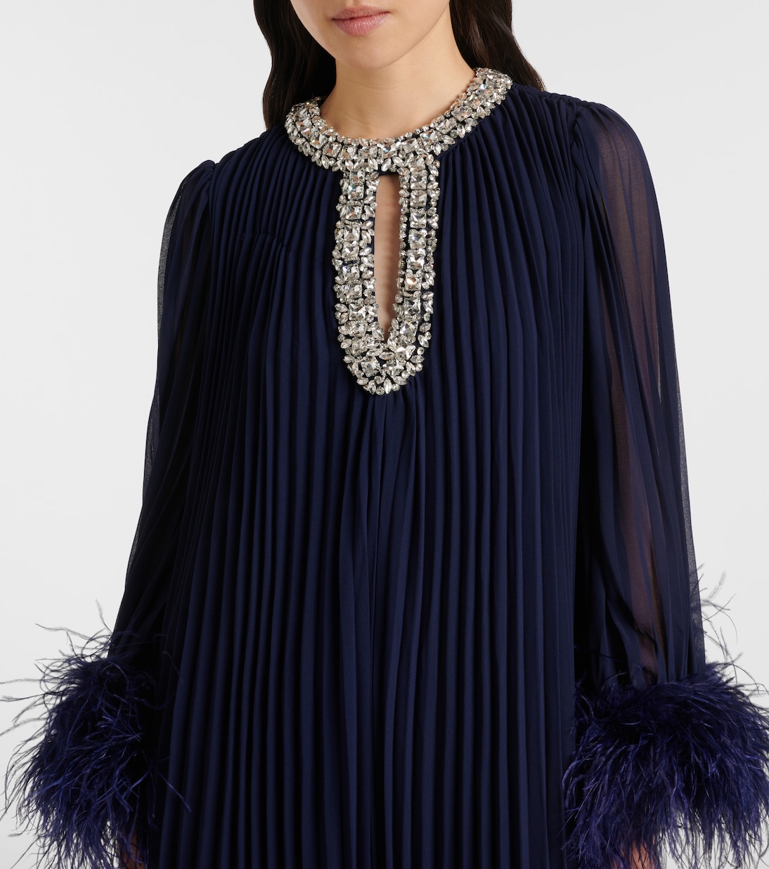 Plissé feather-trimmed chiffon maxi dress | Self-Portrait