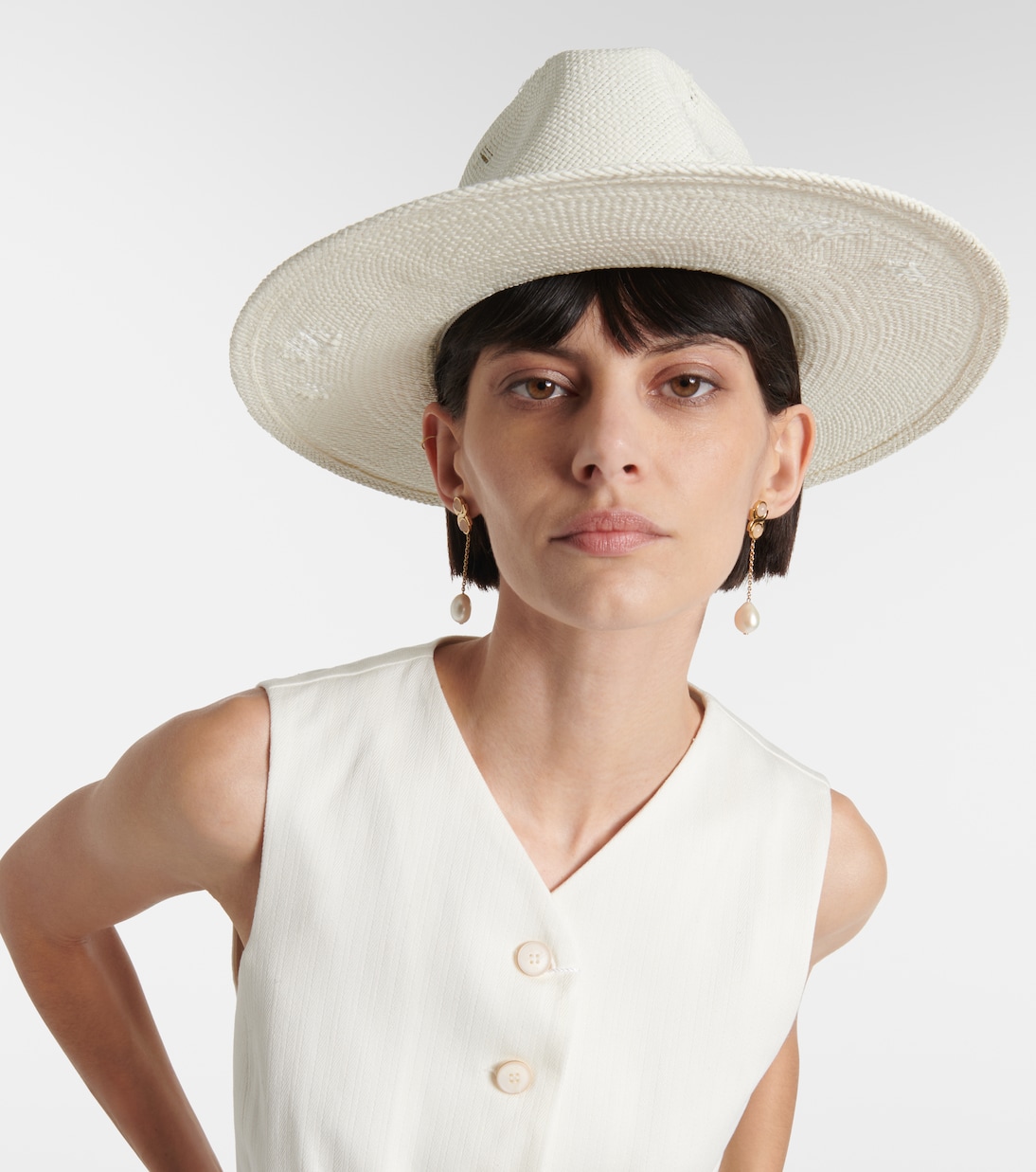 Faux pearl-embellished straw fedora | Ruslan Baginskiy