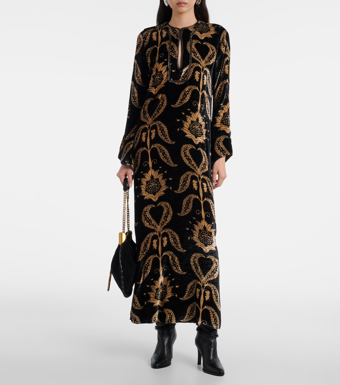 Abito lungo in velluto con ricamo | Johanna Ortiz