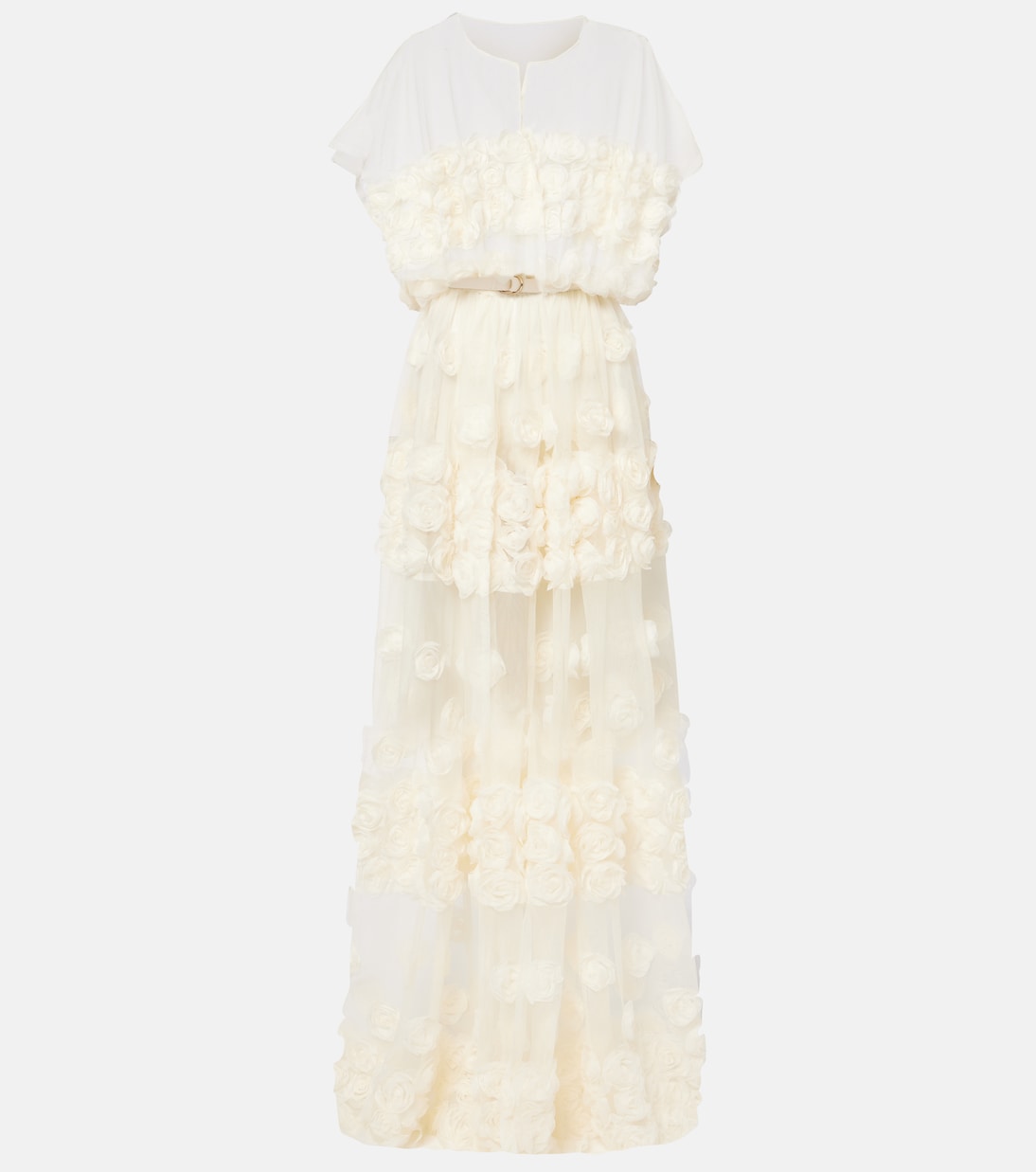 Floral-appliqué belted sheer gown  | Norma Kamali