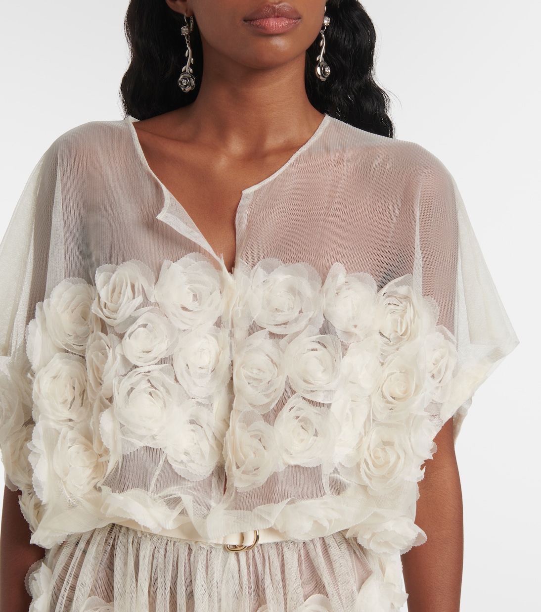 Floral-appliqué belted sheer gown  | Norma Kamali