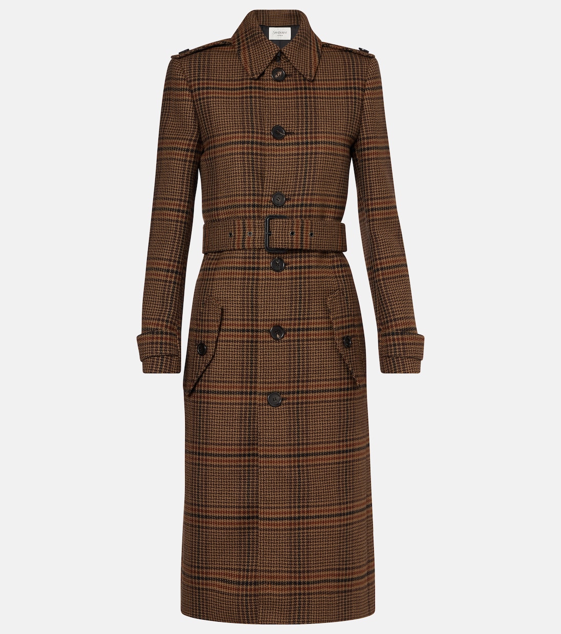 Belted Prince of Wales wool coat | Saint Laurent