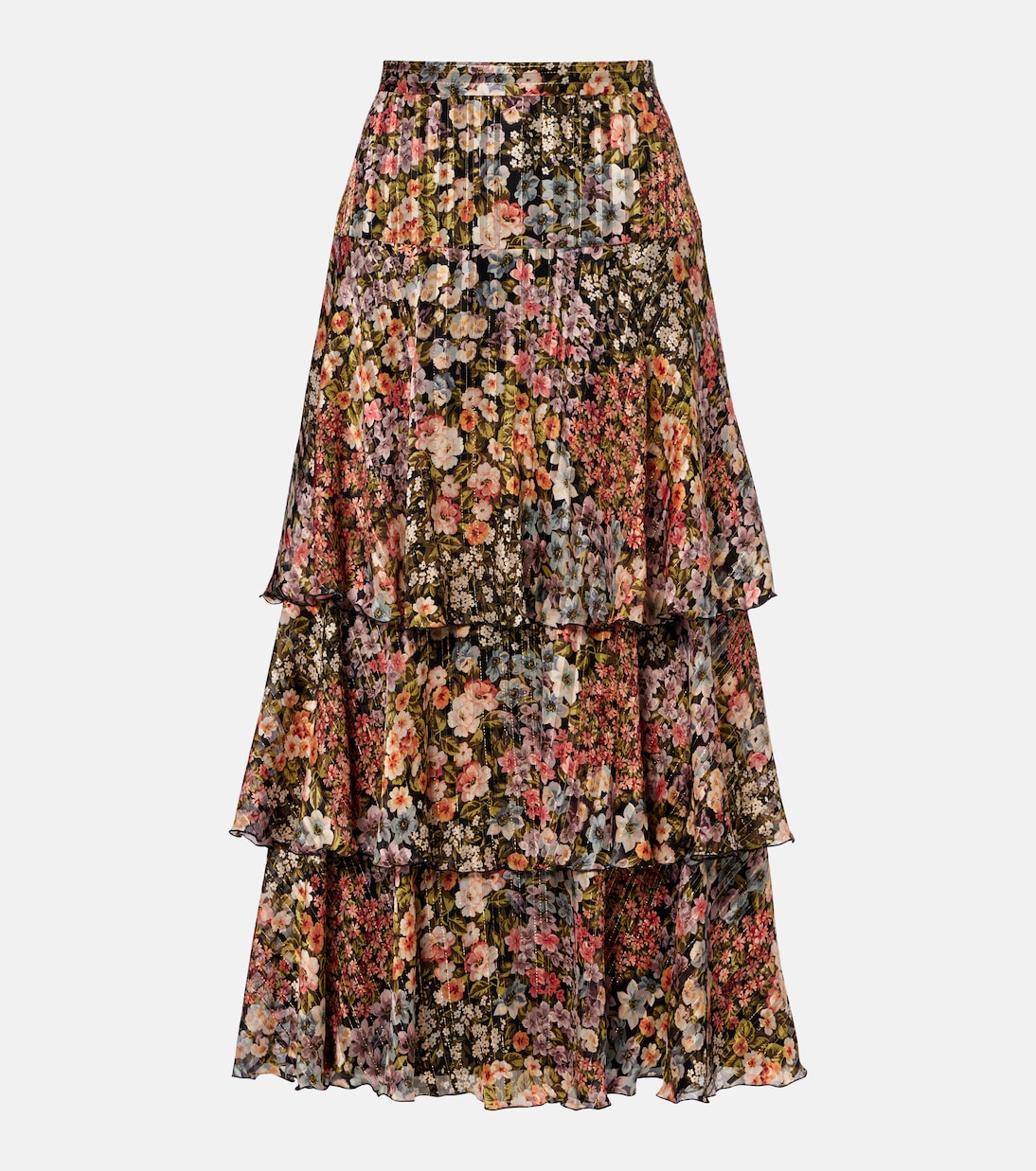 Floral plissé tiered silk midi skirt | Valentino