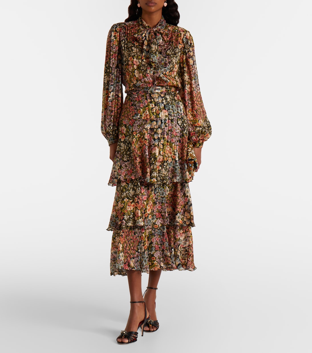 Floral plissé tiered silk midi skirt | Valentino