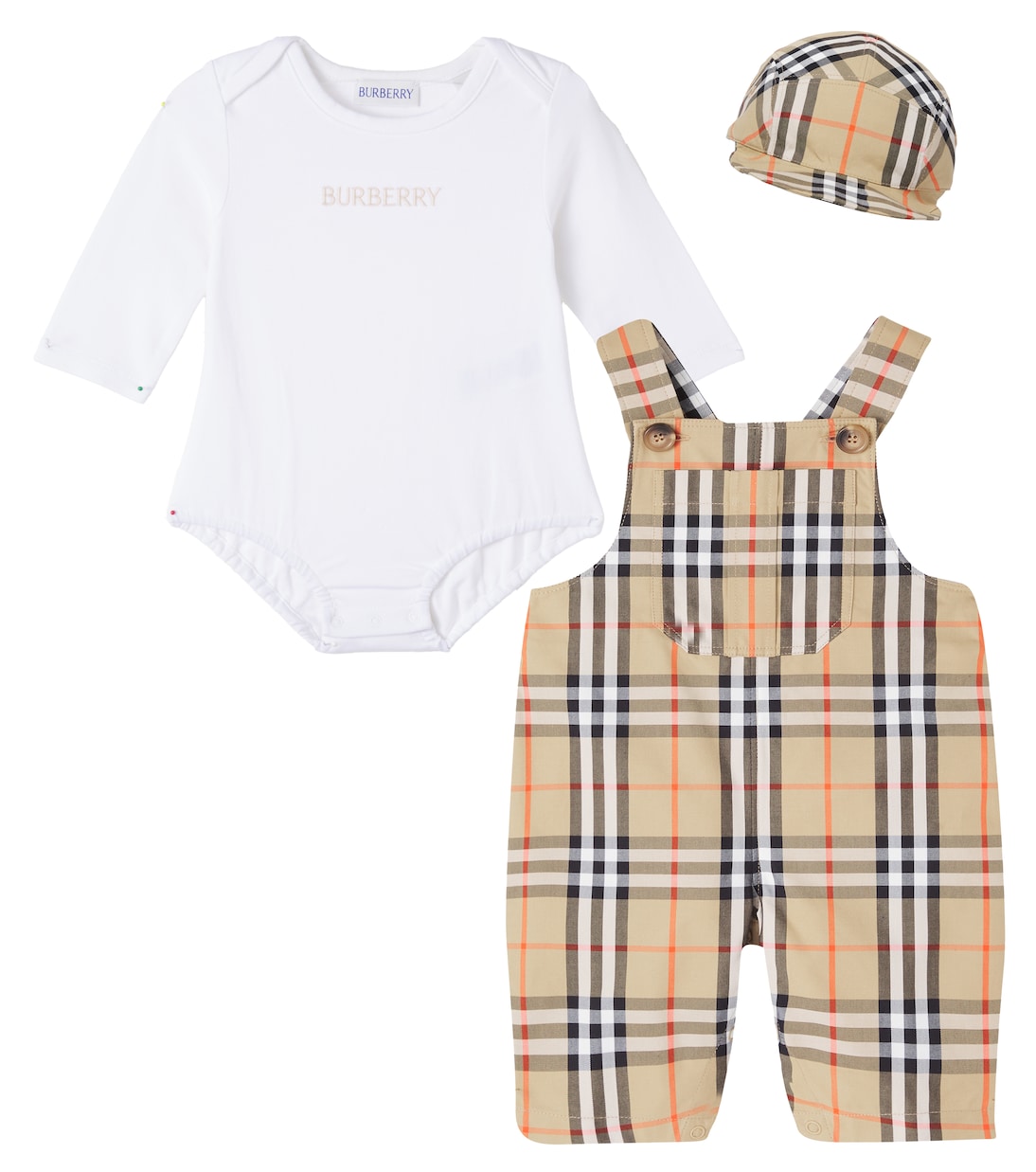 Bebé - set de gorra, body y peto de algodón | Burberry Kids