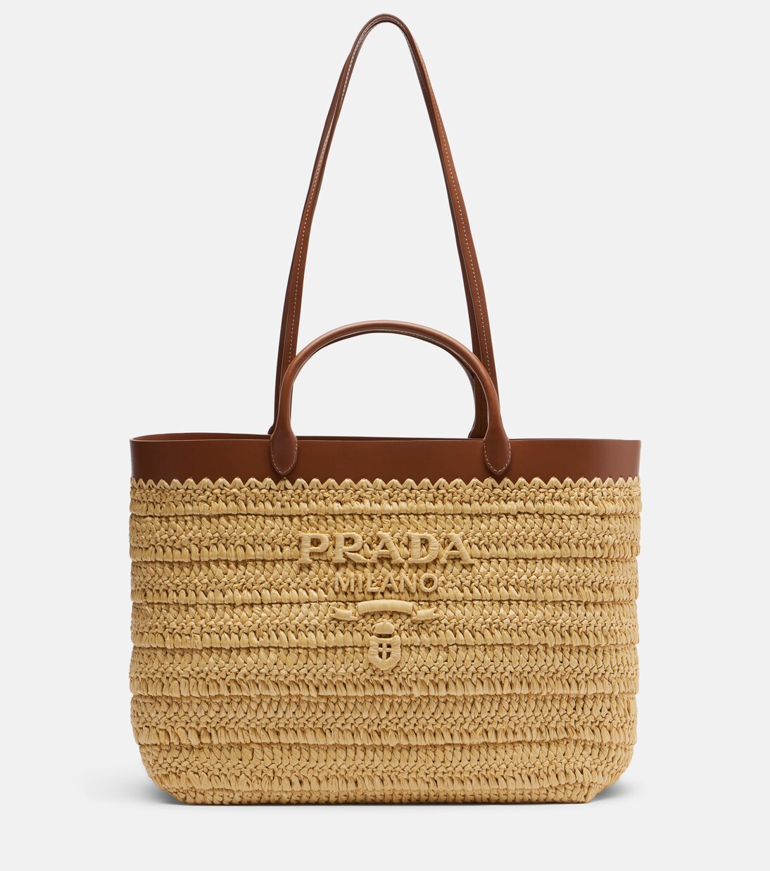 Medium leather-trimmed raffia tote bag | Prada