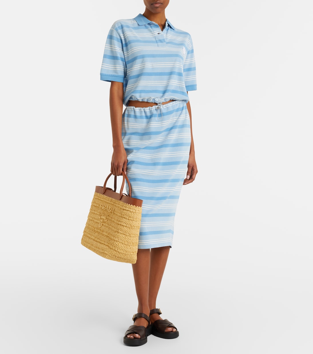 Medium leather-trimmed raffia tote bag | Prada