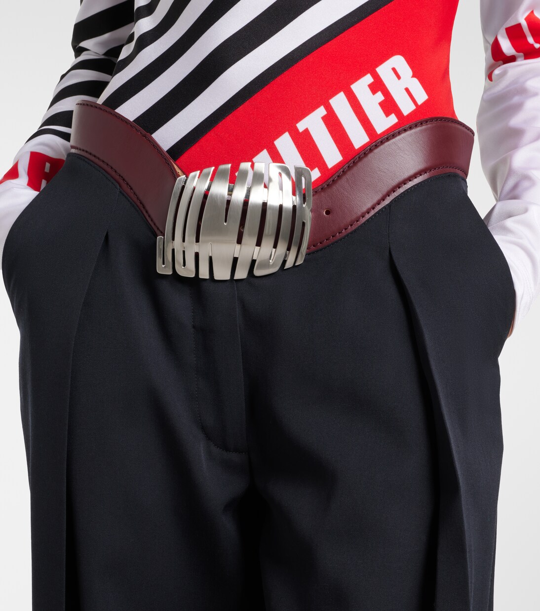 Leather-trimmed wool wide-leg pants | Jean Paul Gaultier