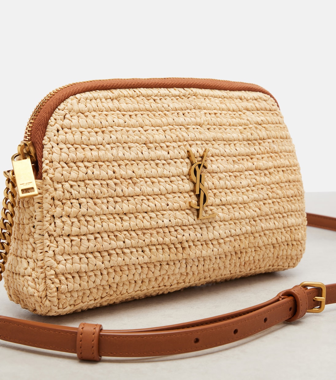 Gaby leather-trimmed raffia shoulder bag | Saint Laurent