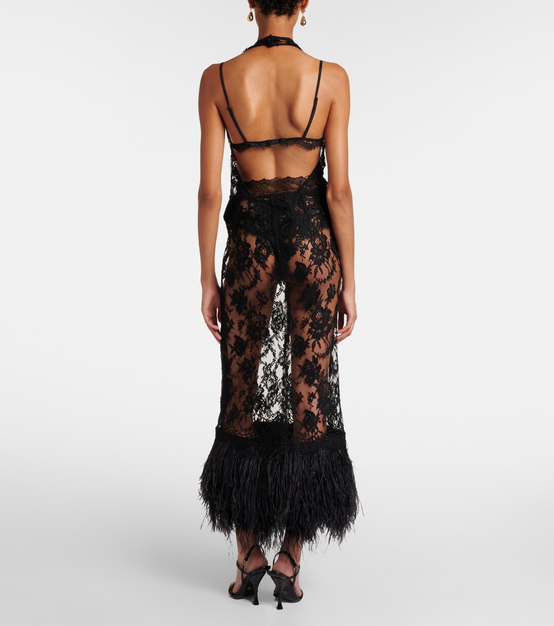 فستان ميدي من الدانتيل مقلّم بالريش مع ورود | Dolce&Gabbana