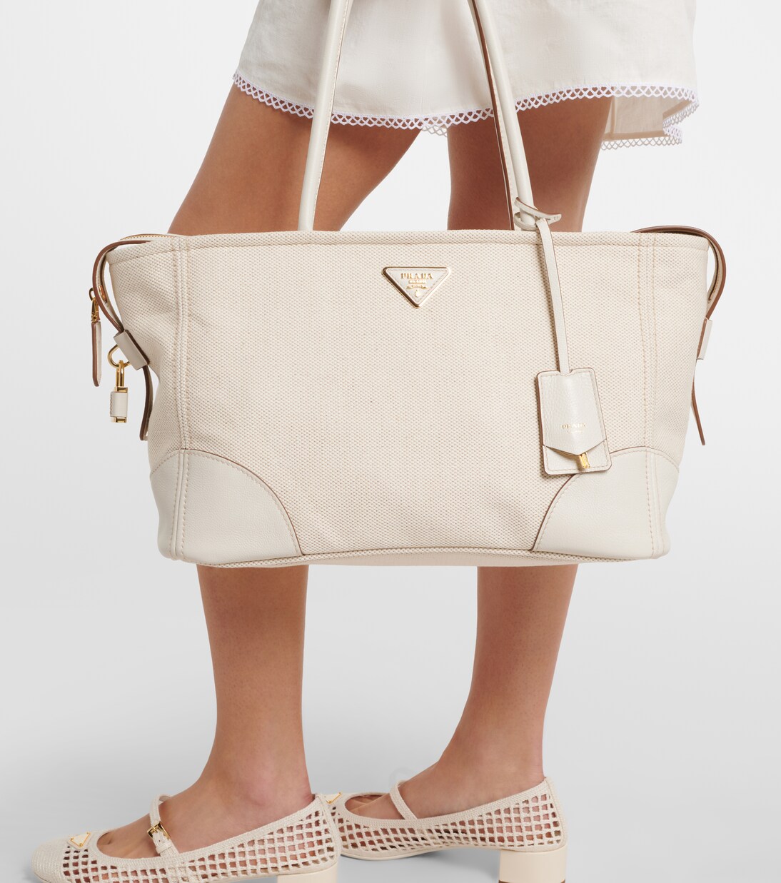 Large leather-trimmed canvas tote bag | Prada