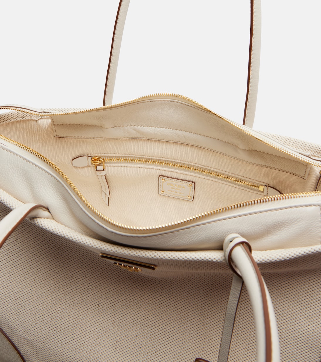Large leather-trimmed canvas tote bag | Prada