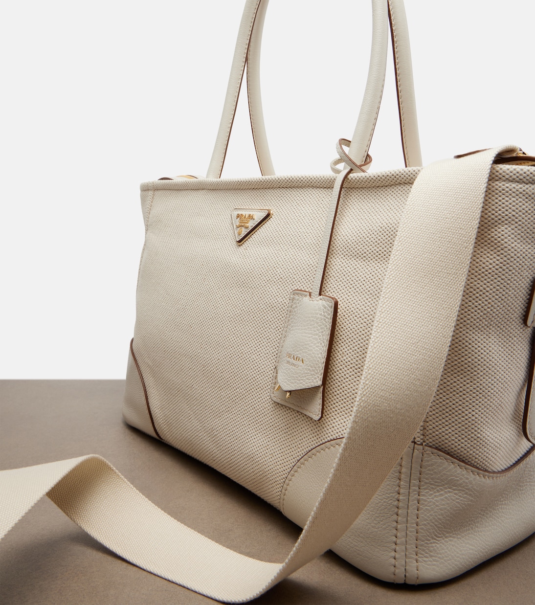 Large leather-trimmed canvas tote bag | Prada