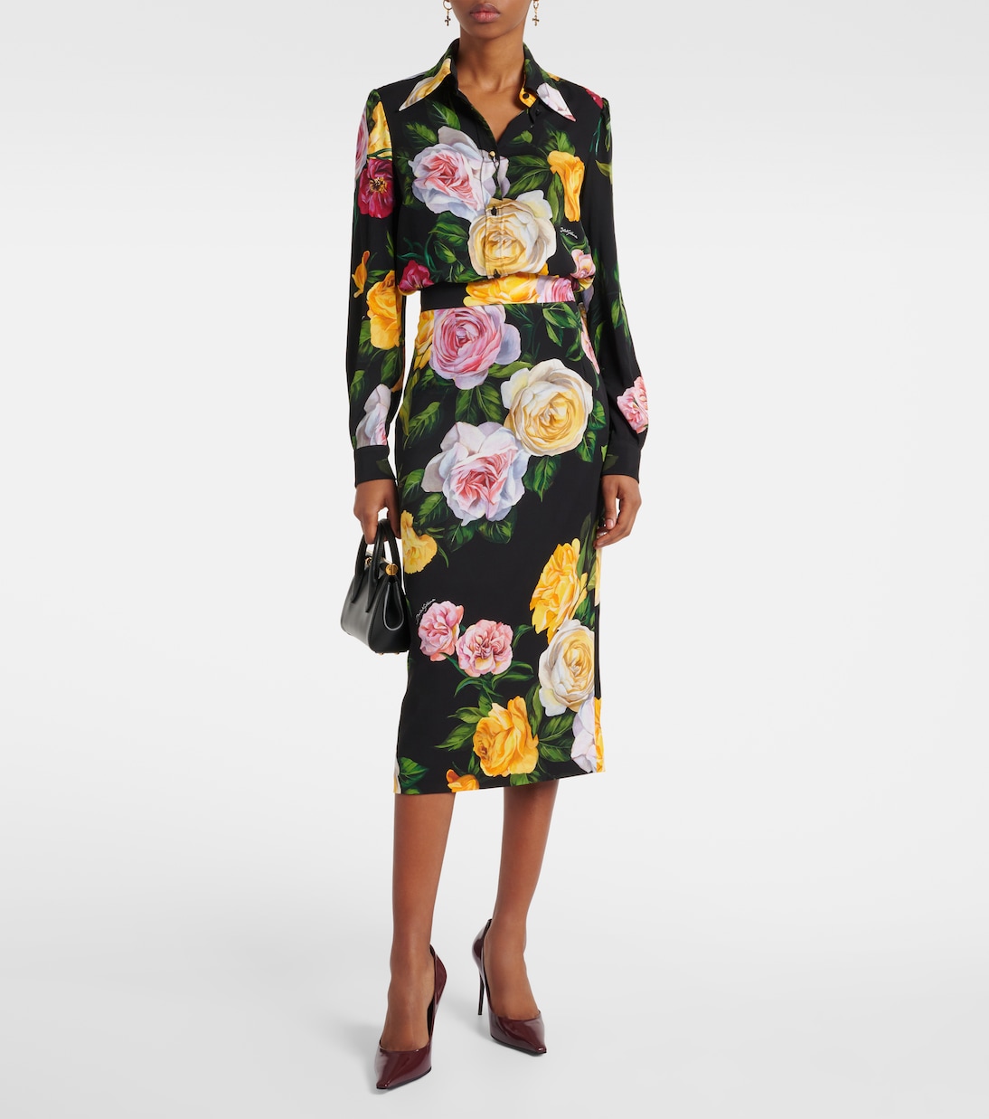 Jupe midi en soie mélangée à fleurs | Dolce&Gabbana