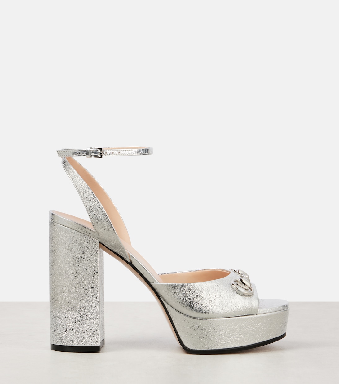Horsebit metallic leather platform sandals | Gucci