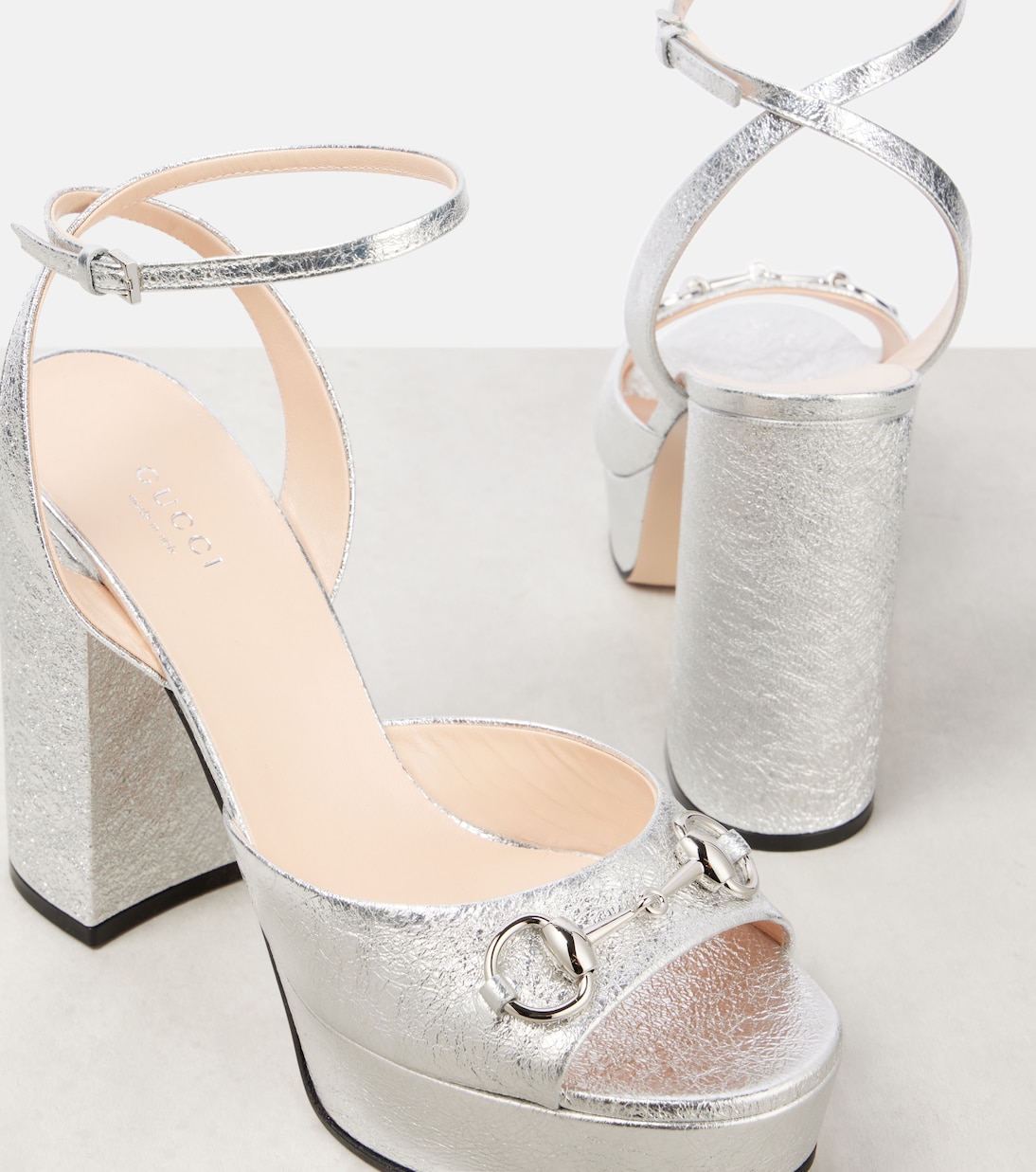 Horsebit metallic leather platform sandals | Gucci