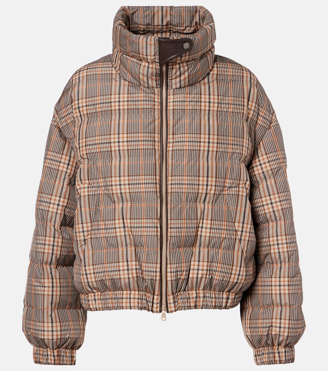 Checked leather-trimmed down jacket | Brunello Cucinelli