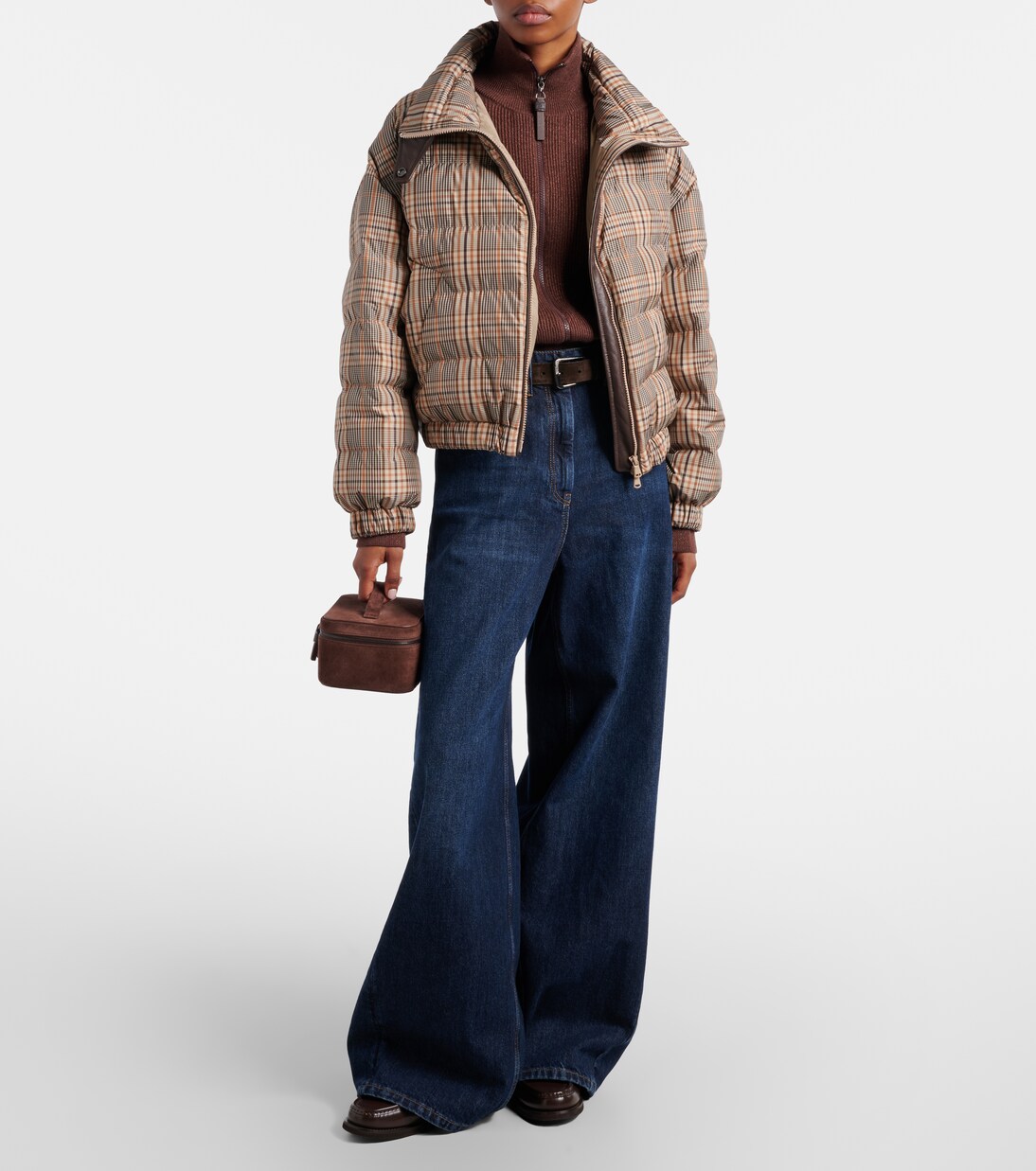Checked leather-trimmed down jacket | Brunello Cucinelli