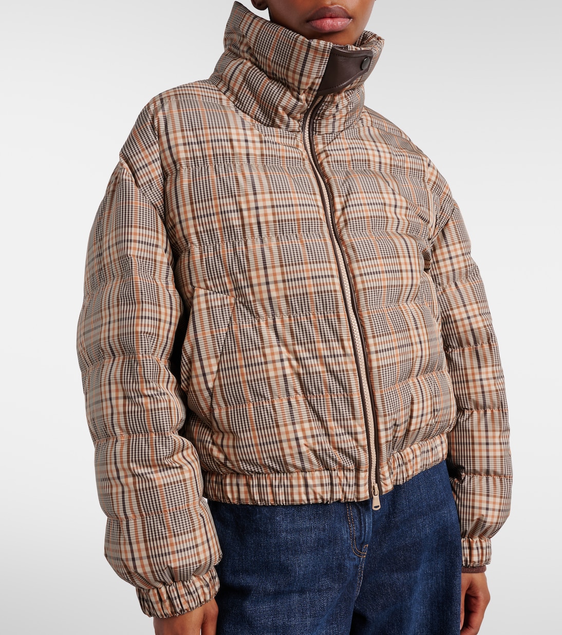 Checked leather-trimmed down jacket | Brunello Cucinelli