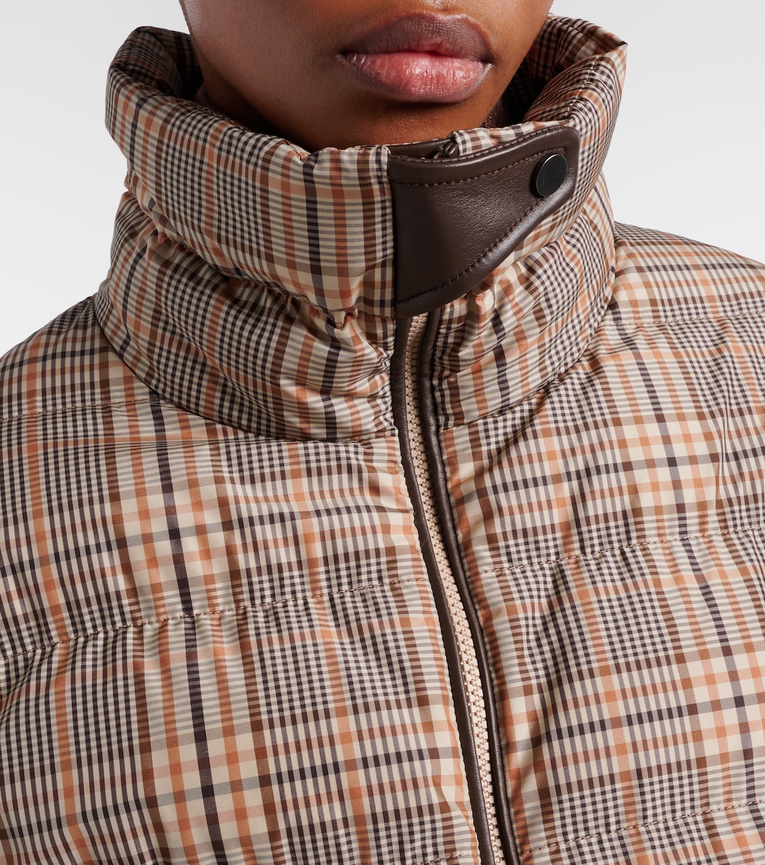 Checked leather-trimmed down jacket | Brunello Cucinelli