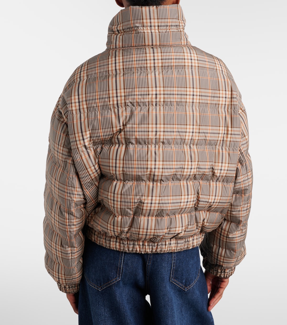 Checked leather-trimmed down jacket | Brunello Cucinelli