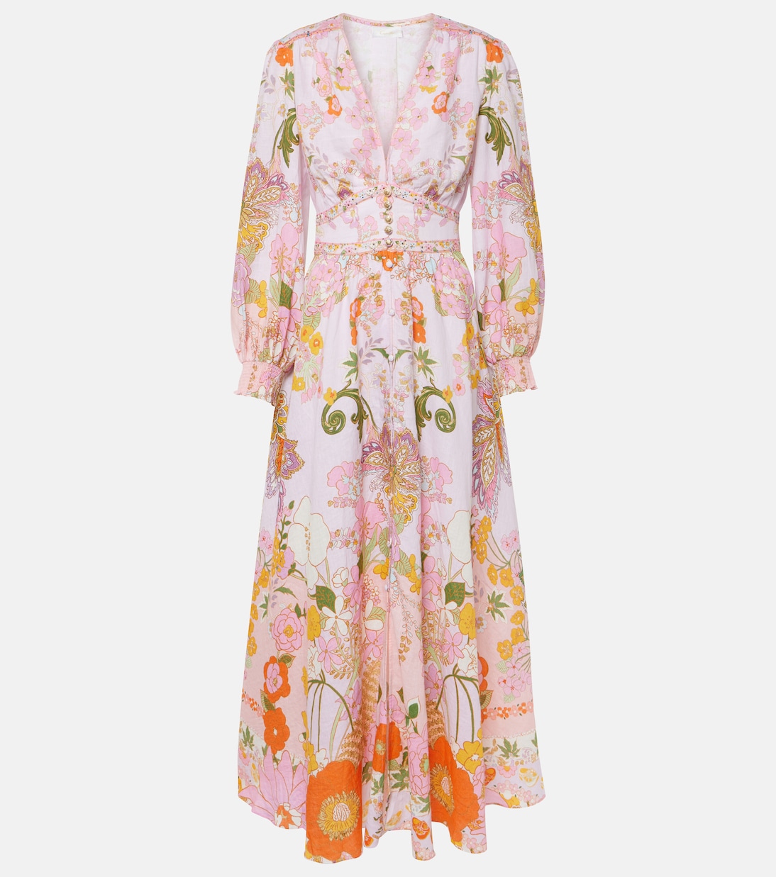 Robe longue en lin à fleurs et ornements | Camilla