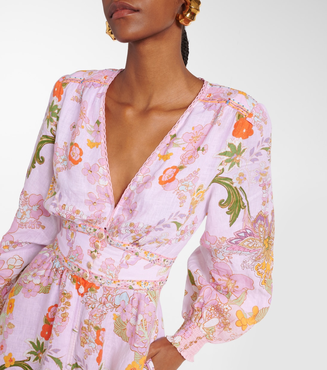 Robe longue en lin à fleurs et ornements | Camilla