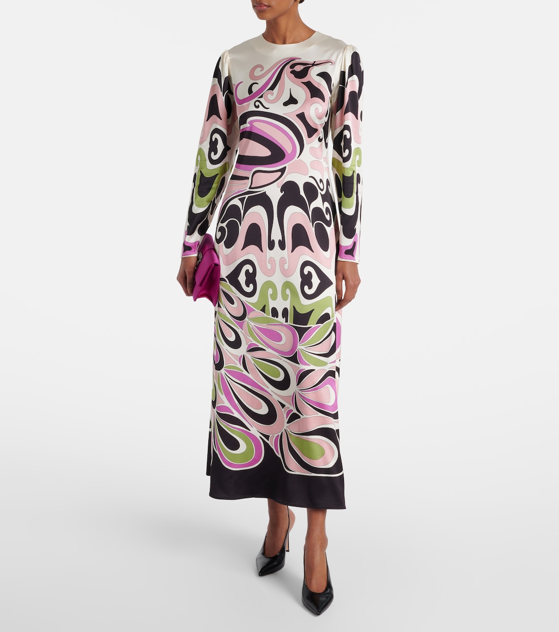 Clingy Swing printed satin midi dress | La DoubleJ