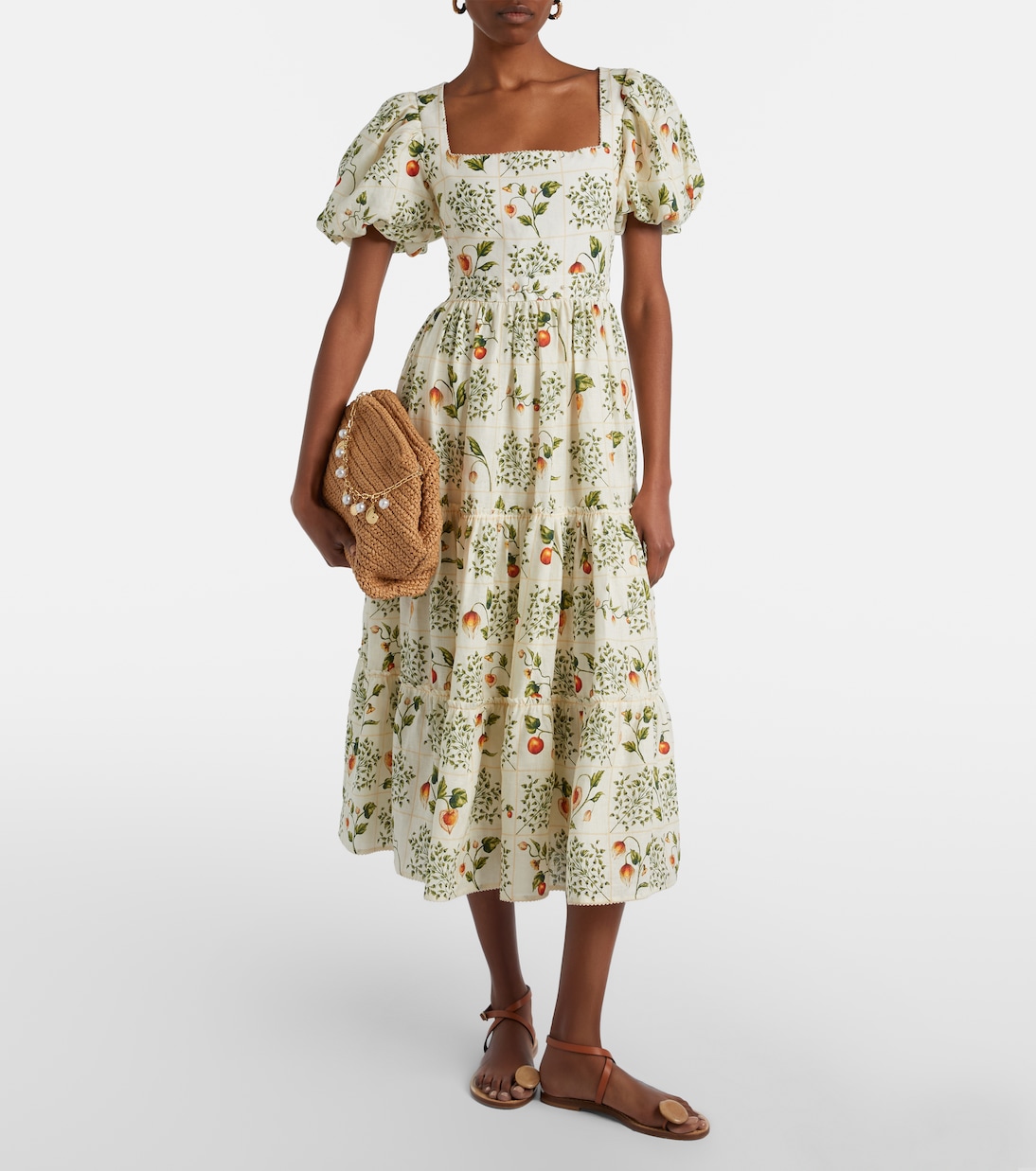 Vestido midi de lino estampado adornado | Agua by Agua Bendita