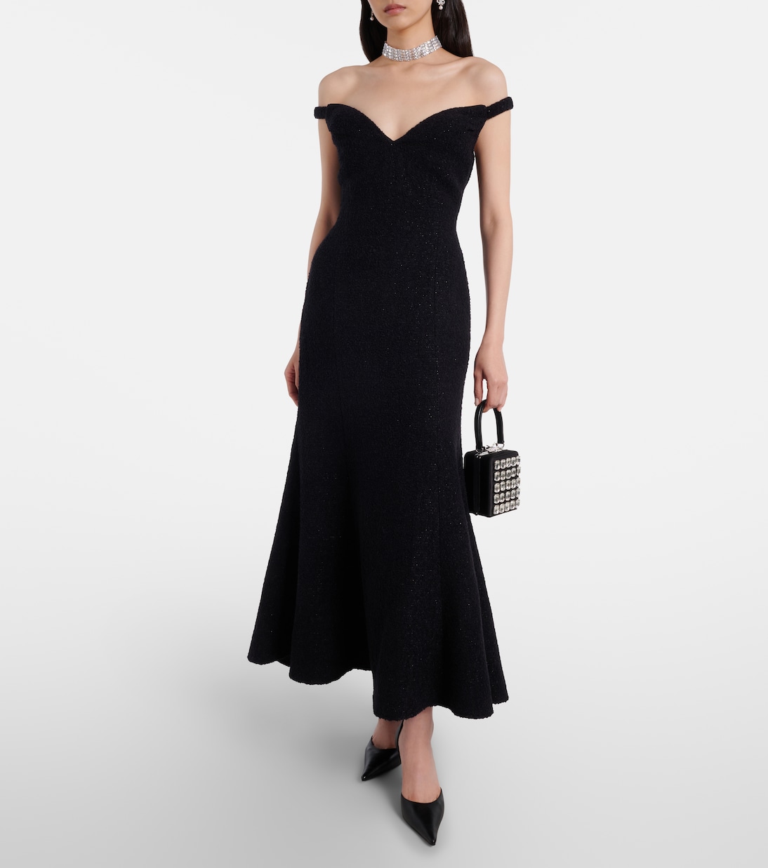 Off-Shoulder-Midikleid aus Bouclé | Self-Portrait