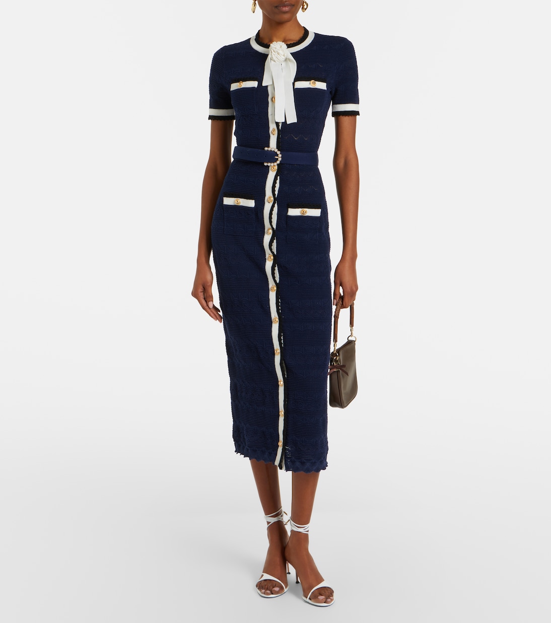 蝴蝶结细节针窿棉质混纺中长连衣裙 | Self-Portrait