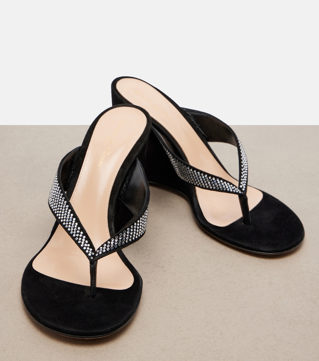 Crystal-embellished suede wedge thong sandals | Gianvito Rossi