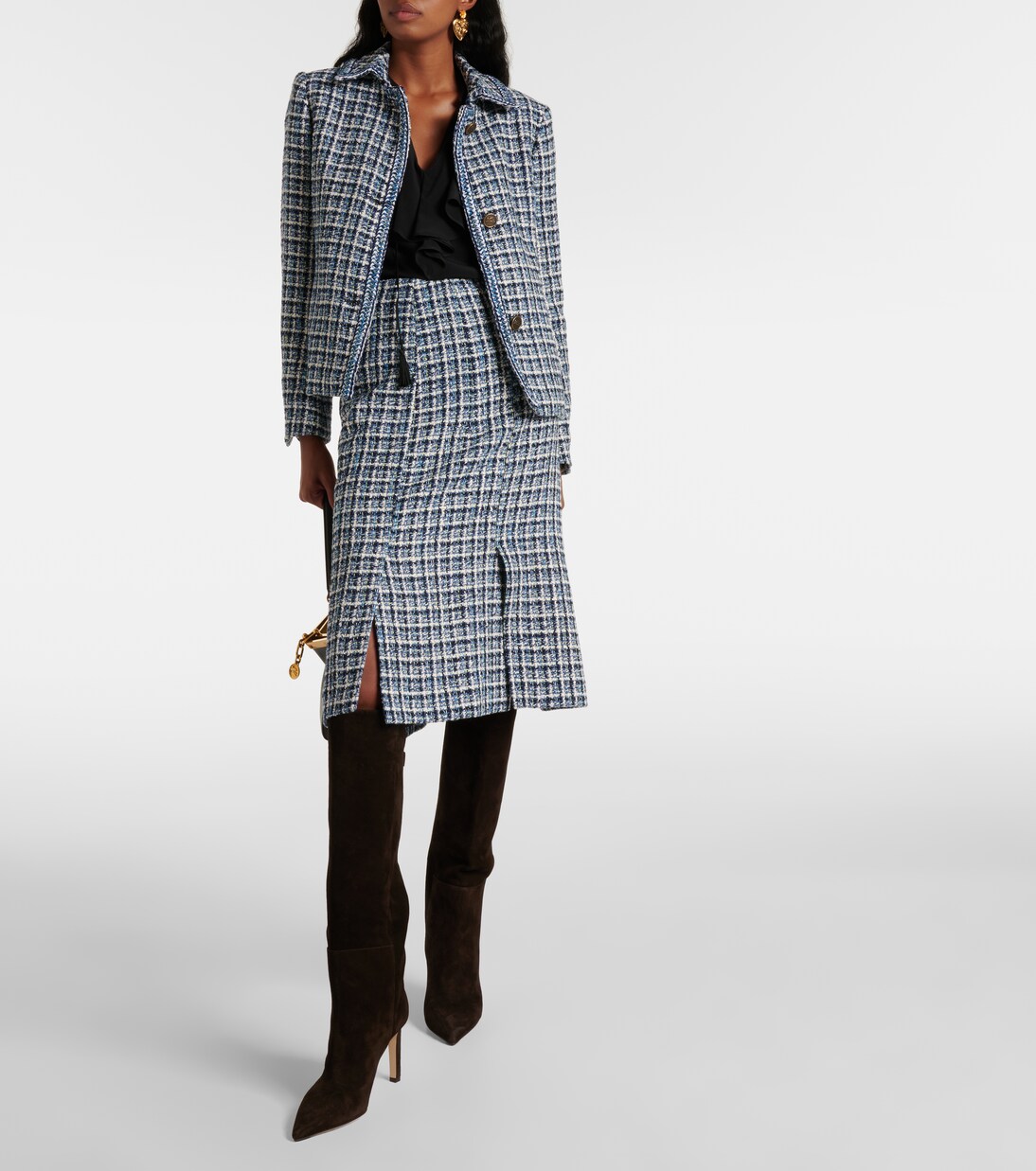 High-rise cotton-blend tweed midi skirt | Etro