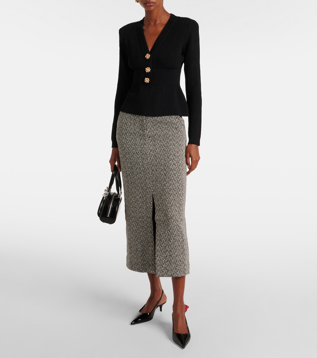 Herringbone high-rise midi skirt | Self-Portrait