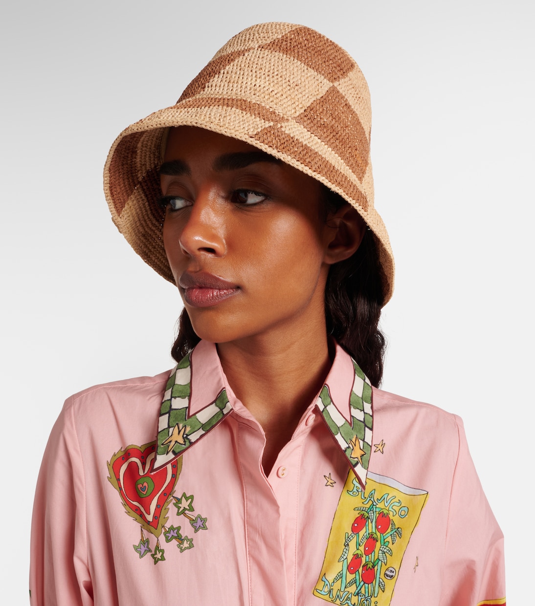 Checked raffia bucket hat | Alémais