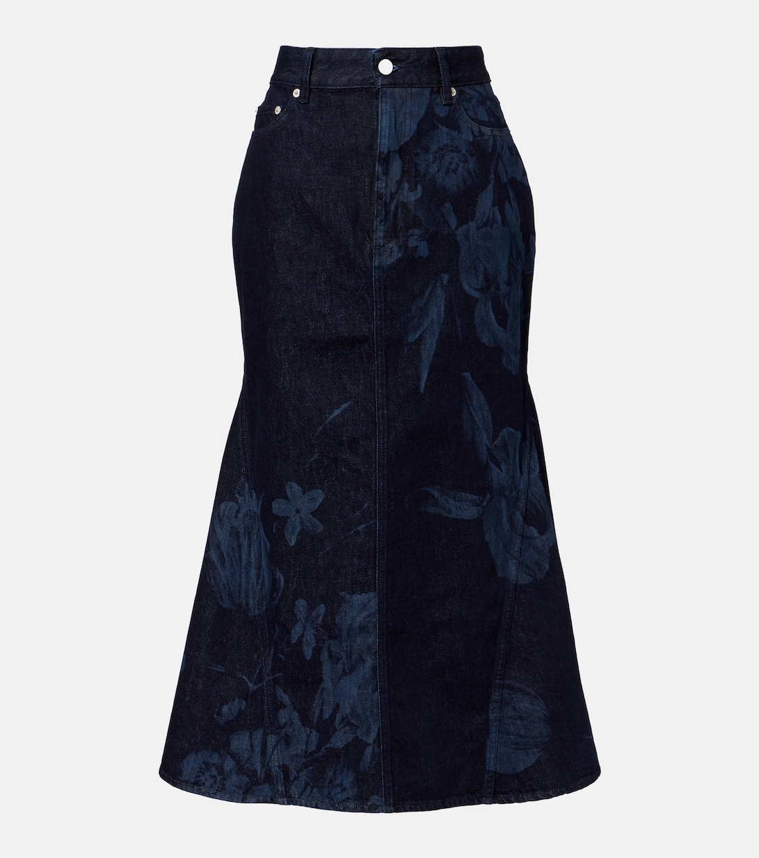 Gonna midi svasata in denim con stampa floreale | Erdem