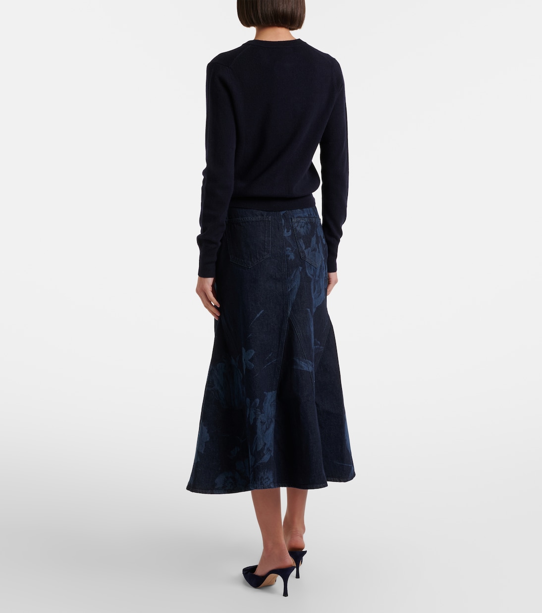 Gonna midi svasata in denim con stampa floreale | Erdem