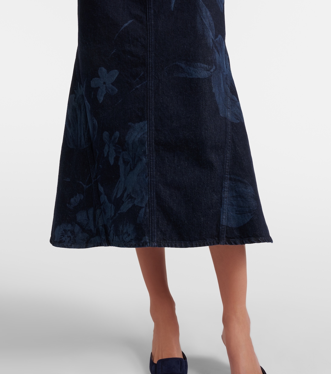 Gonna midi svasata in denim con stampa floreale | Erdem
