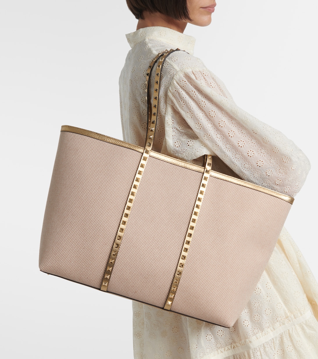 Tote Bag Rockstud Large aus Leder und Canvas | Valentino Garavani